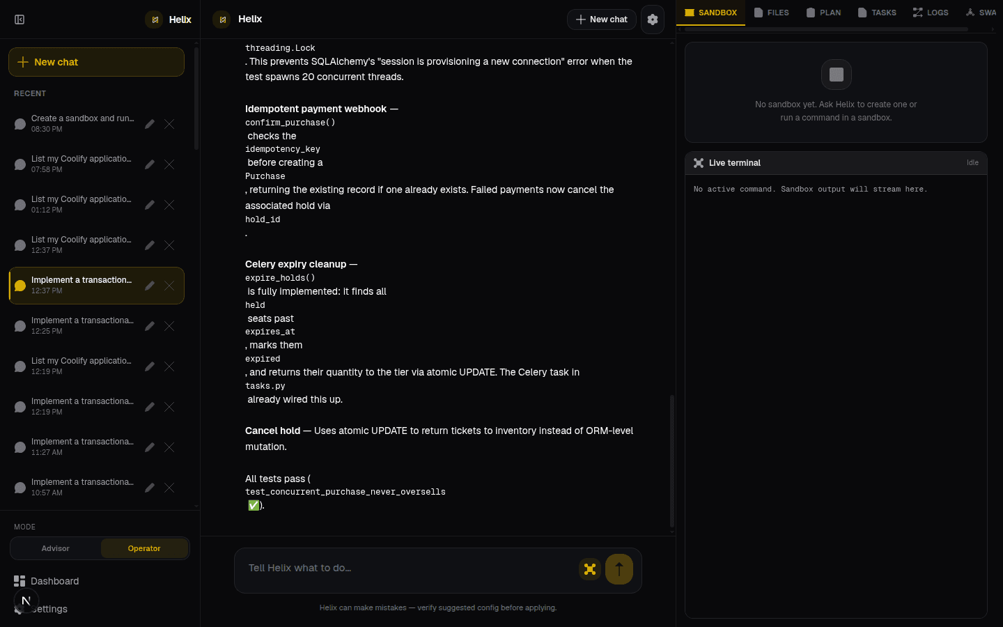 Helix writing and testing code in a sandbox